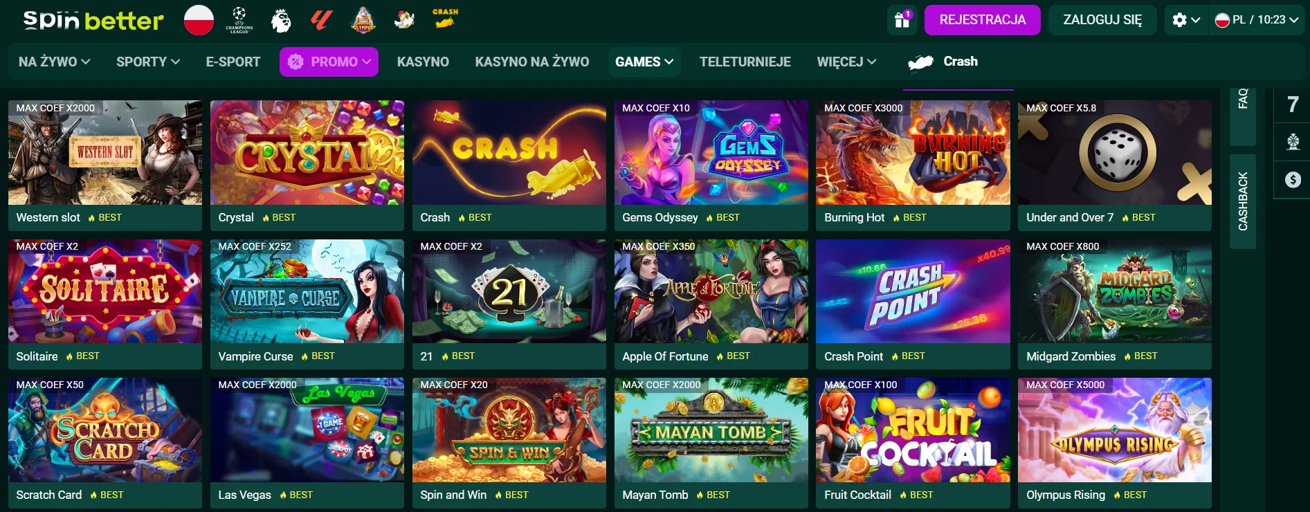 Gry dostępne w Spinbetter Casino